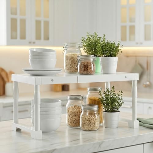 Expandable Cabinet Shelf Organizer，Adjustable Kitchen Counter Shelf,Multi-Functional Stackable Kitchen Pantry Counter Storage，Applicable to Kitchen Bathroom Cabinet Shelves White 1 Pack