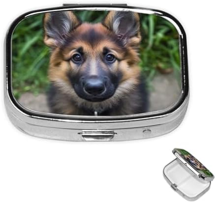 Pill Box 2 Compartment Medicine Pill Case for Pocket or Purse Mini Metal Pill Holder Cute German Shepherd Pill Case Vitamin Organizer Portable Travel Pill Container to Hold Supplements Vitamins
