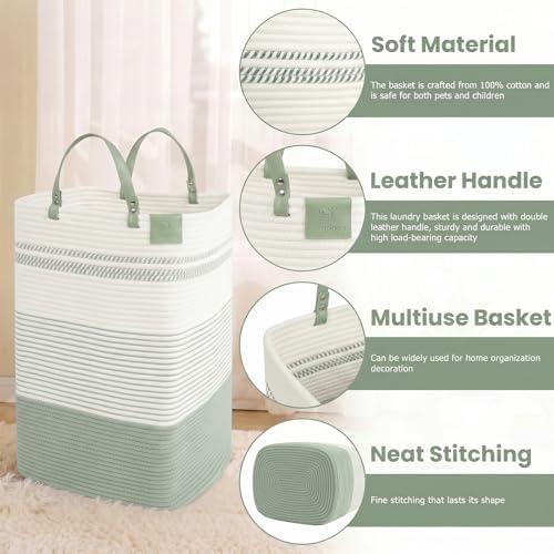 danpinera 100L Nursery Hamper, Tall Woven Laundry Basket with Long Leather Handles, Boho Laundry Hamper for Living Room, Eco-friendly & Convenient Decorative Storage Basket, White & Light Green