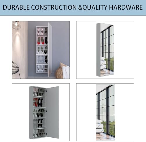 Shoe Cabinet with Mirror Modern Black Mirrored Shoe Storage Cabinet 67" Tall 5-Tier Shelves Narrow Shoe Storage Cabinet for Entryway Space Saving Furniture (Wall-Mounted, Grey)