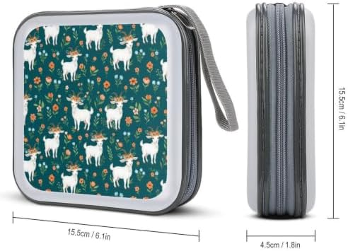 Portable 40 Capacity CD Case Goat Flower DVD Wallet Storage Binder | Movie Music Game Disc Collection Organizer Bag, Goat Flower Mint Green, Hand Strap, Zipper Closure