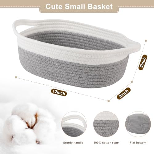 OIAHOMY Gift Basket Empty with Handle, 12"x 8"x 5" Small Woven Basket with Gift Bag, Ribbon and Wrap Tissue Paper, Dog Toy Storage for Organizing - Grey & White