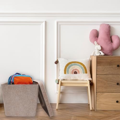 Welaxy Nodic large stackable felt bin Functional basket container with removable lid for Toys Pet Books Clothes throw blanket hide storage Ottoman Footrest Foot Stool coffee table(Oatmeal)