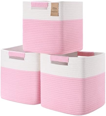 11 Inch Storage Cubes, 3 Pack Cube Storage Bins for Organizing, Cotton Rope Woven Baskets for Shelves, Bathroom, Kids Room, Closets, Baby Nursery
