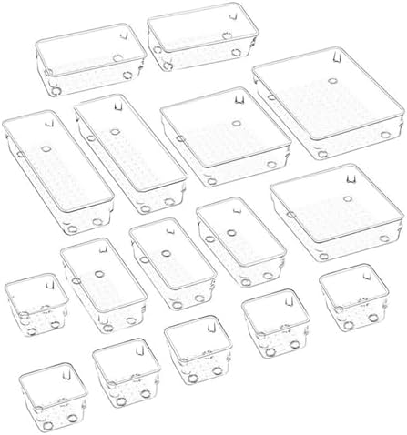16Pcs Clear Drawer Organiser Tray Bathroom and Vanity Organiser Trays Drawer Storage Bin for Kitchen Utensils Jewelries