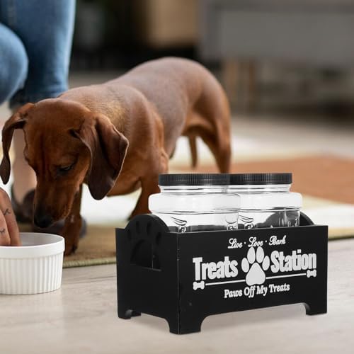 Happyyami Wooden Dog Treat Storage Container with Airtight Seal, Countertop Pet Food Organizer Box, Black Solid Wood Snack Jar for Home Use