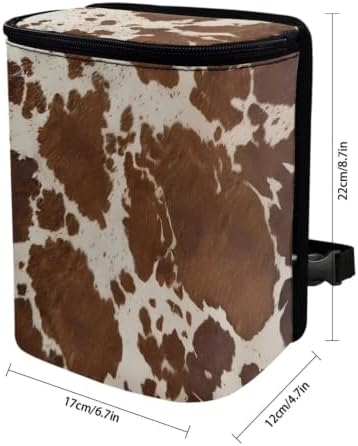 Brown Cow Print Car Garbage Can with Adjustable Straps Car Hanging Trash Can with Lid Multipurpose Portable Trash Bag for Cars SUVs, Trucks