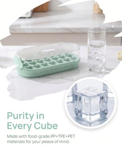 21 Cubes Press Ice Cube Tray with Lid and Storage Bin Easy Release | Fill without opening cover, PP+TPE+PET stackable odorless ice maker box for cocktail whiskey, mint green, 9.4x4.1x2.6 in