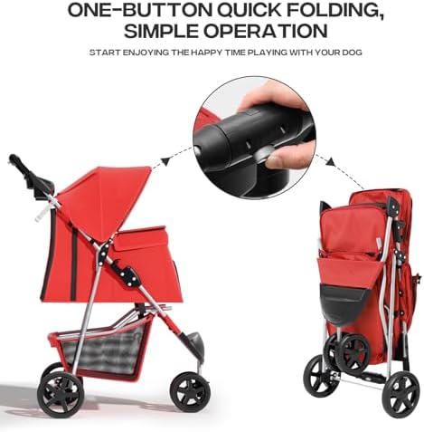 Foldable 3-Wheel Pet Stroller for Small/Medium Dogs & Cats, Red | Storage Basket & Cup Holder, Breathable Mesh Cover, Lightweight and Durable, for Small to Medium Pets, up to 33 lbs