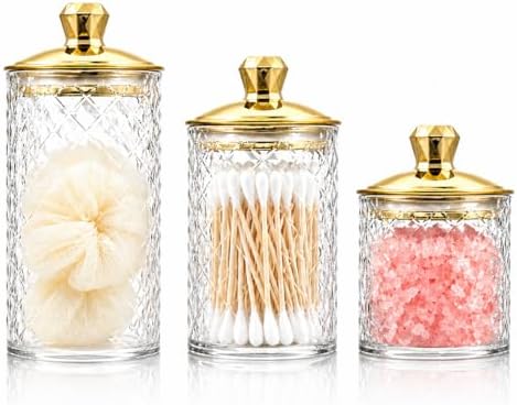 3-Pack Clear Acrylic Diamond-Cut Storage Jars with Gold Lids – Airtight Containers for Kitchen, Bathroom & Home Organization – Versatile Jars for Cotton Pads, Bath Salts & Snacks