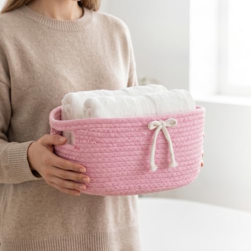 3 Pcs Bow Storage Baskets Woven Cotton Rope Laundry Hamper with Handles, Pink and White Set for Home Decor Organization, Nursery, Pet Toy Bin