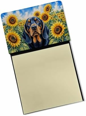 Caroline's Treasures Black and Tan Coonhound in Sunflowers Watercolor Sticky Note Holder Refillable Dispenser Desk Accessory 3x3 Pad Gift