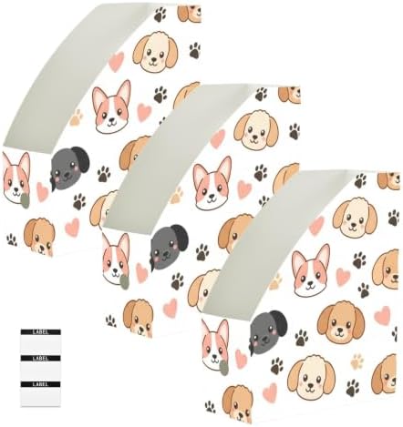 Emelivor Dogs Pets Puppies White Print Magazine Holder Set of 3 Desk File Organizer Water-resistant Vertical Folder Holder with Labels for Office Organization File Box for Classroom Library Home