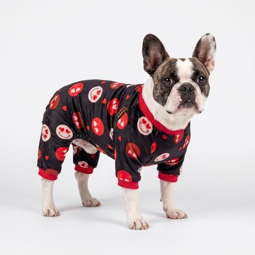 Fitwarm Hearts Eyes Smily Face Dog Pajamas, Cozy Valentines Outfit for Small Dogs Boy Girl, Festive Pet Clothes, Black, Red, XL