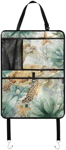 2 Pack Back Seat Car Organizer with Storage Pockets Kick Mats Back Seat Protector Hanging Car Organizer Automotive Seat Back Cover Organizers Sea Turtle Starfish Plants