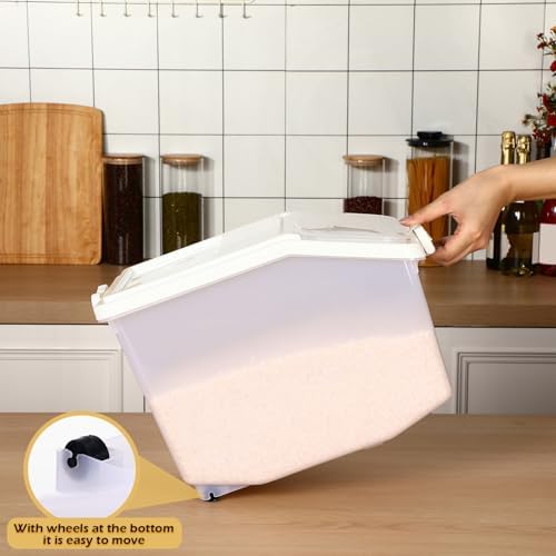 Sunnyray 4 Pcs Rice Storage Container 27.5 lb Airtight Flour Container with Wheels Measuring Cup White Pet Food Dog Cat Birds Food Bin Grain Cereal Organizer Box for Dry Baking Supplies