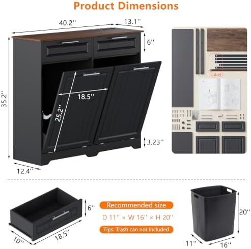 Double 10 Gallon Tilt Out Trash Can Cabinet with Deodorizing Function and Power Outlet, Wooden Hidden Garbage Can Holder with 2 Storage Drawers for Kitchen, Laundry Hamper Cabinet for Bathroom, Black