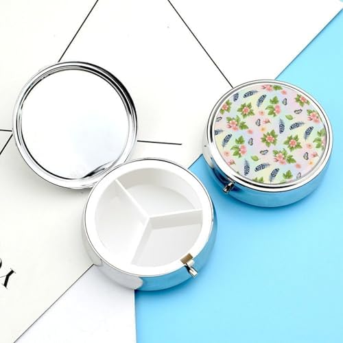 Round Daily Use Pill Box Cherry Branch Pink Blossom Feather Butterflies Floral 3 Compartment, Portable Metal Pill Case for Purse Vitamin Fish Oil