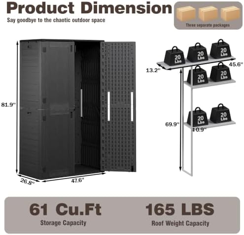 Tall Vertical Outdoor Storage Cabinet with 3-Tier Shelves, 6.8x4 Ft Waterproof Thickened Black Resin Storage Shed for Patio, Garden and Garage
