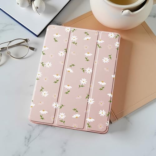 Cute Kawaii Floral Case for 13" iPad Pro(2024), Clear TPU Smart Stand Back Cover with Pencil Holder, Auto Wake/Sleep Foldable Shockproof Protective Case