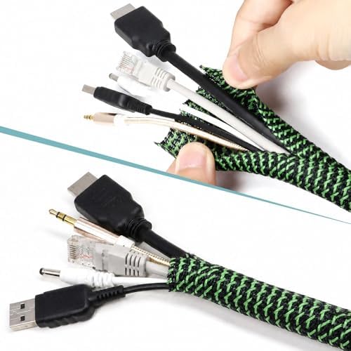 PET Braided Cable Sleeve Wire Protector Cable wrap Wire Covers for Cords Cable Sleeves Cord Management Cable Management Sleeve (25 Feet, Green Black, 25mm(1 inch))