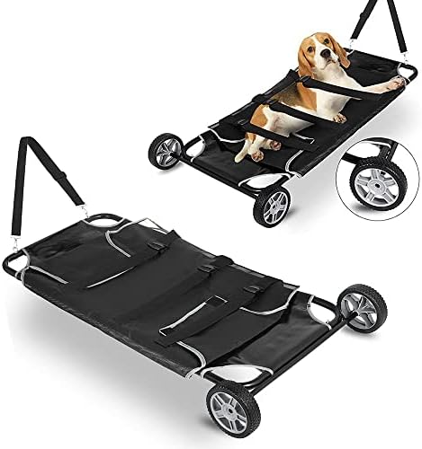 Black Animal Stretcher with Safety Belt and Wheels, Max Loading 110lbs Pet Trolley Veterinary Transport Stretcher, 45x26 Inch Pet Transport Trolley Animal Gurney Carrier for Animal Dog Cat (Foldable)