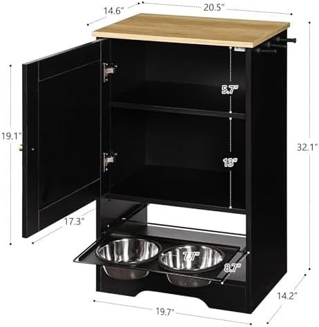 Dog Feeding Station, 2 Elevated Stainless Steel Bowls, Storage Cabinet, Side Hooks for Pet Supplies, Anti-Tip Design, Easy to Clean, Suitable for Dogs and Cats, Stylish Pet Feeding Solution