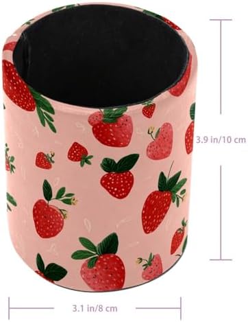 Faux Leather Pen Holder for Desk, Pencil Organizer Strawberry Pen Cup Desk Decor Makeup Brush Holder Storage for Office Home