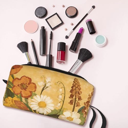 Vintage Floral Print Makeup Bag for Women with Wrist Strap | Durable 600D Oxford Fabric Cosmetic Organizer,Compact Travel Pouch with Handle for Gym & Daily Use