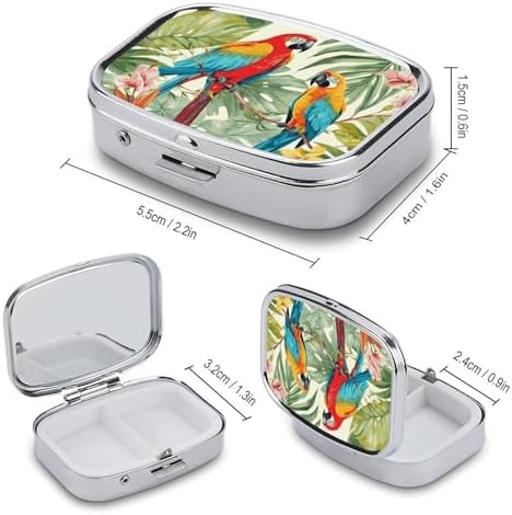 Pill Organizer, Portable Pill Box, Travel 7 Day Pillcase Tropical Plants and Parrots Medicine Organizer 2 Compartments Medicine Container for Vitamins, Medications, Fish Oil and Supplements