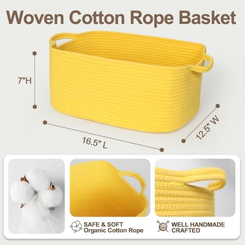 Large Yellow Gift Basket, 16.5"x12.5"x7" Woven Baskets for Gifts Empty, Cotton Rope Storage Bin for Baby Blankets, Clothes, Shoes, Dog Toy Box, Big Easter Basket, Yellow Room Nursery Decor