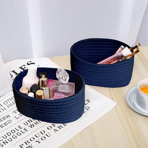 ABenkle 【2 Pack】 Small Woven Baskets, Tiny Oval Shallow Storage Baskets, Mini Cotton Rope Empty Decorative Basket, Boho Little Organizer Bins for Bathroom, Cat Dog Toy Gifts Basket