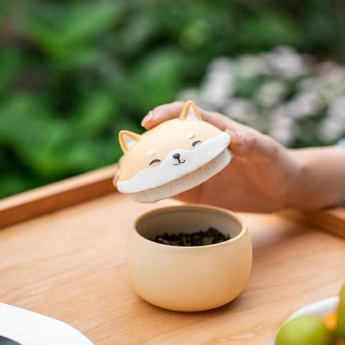 Airtight Tea Container Shiba Inu Ceramic Ornaments, Coarse Pottery Jars, Cute Pet Tea Cans, Moisture-proof Sealed Storage Ceramic Tea Caddy(C)