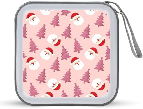 Portable Protective CD Holder Cute Santa Claus Pink Tree Snowflake Christmas, 40-Disc Hard Case with Zipper, Storage Binder for Music Movies Game Collections