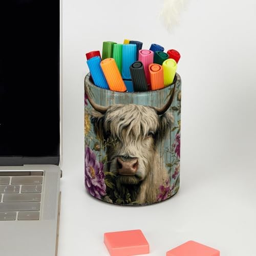 Faux Leather Pen Holder for Desk, Pencil Organizer Highland Cow Pen Cup Desk Decor Makeup Brush Holder Storage for Office Home