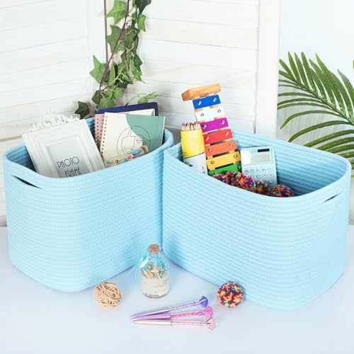MINTWOOD Design 3-Pack Decorative Woven Storage Baskets for Shelves, Cube Bin Box for Organizing Books, Shoes, Dog Toys, Pantry Closet and Living Room Organizer, Sky Blue