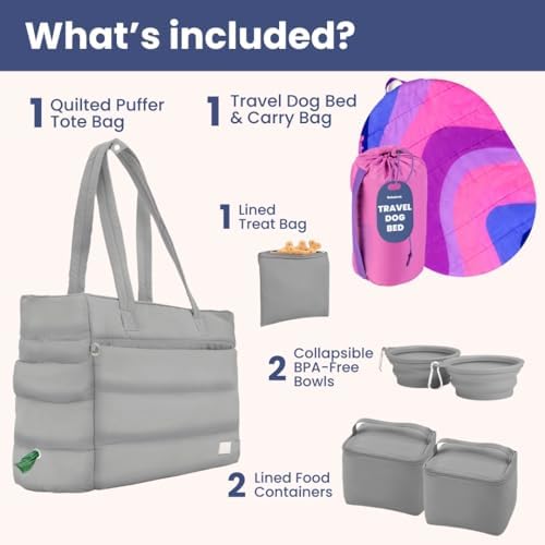 Rubyloo Dog Mom Bundle - Puffer Tote with Storage Containers (Grey) and Travel Dog Bed Large (42”x30”) (Pink Horizon) - Travel Bag and Portable Outdoor Bed Set