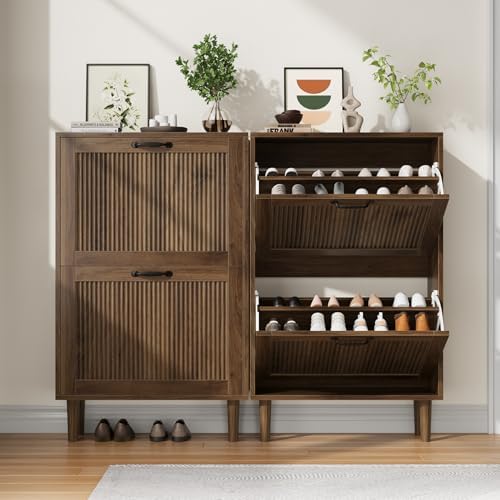 Kiasthome 2 Tier Entryway Shoe Storage Cabinet Closed Space Saving Hidden Shoe Organizer with Ribbed Doors Freestanding for Hallway Bedroom Walnut Finish (Walnut, 24.4")