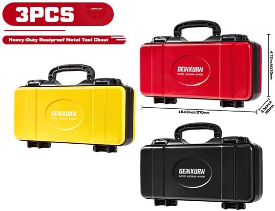 Geinxurn 3 Pieces Metal 11 Inches Steel Tool Organizer Portable Toolbox Red, Black and Yellow, Durable ABS Tool Storage with Plastic Handle and Double-Buckles