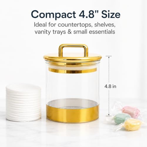 Acrylic Storage Jar with Gold Lid – Airtight Clear Canister for Bathroom & Kitchen | Qtip Holder, Cotton Pad Jar, Candy & Snack Container, Vanity Organizer for Small Essentials 4.8"