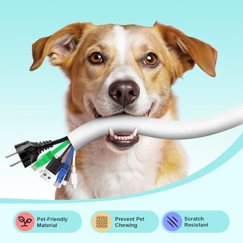 AGPTEK Cable Sleeve, 10ft - 1.2 inch Dog Cat Cord Protector for Pets, White