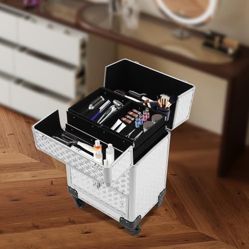 Professional Rolling Makeup Train Case - Heavy Duty Aluminum Alloy Beauty Organizer with 7 Compartments, Lockable Drawer & 4 Wheels for Hairstylists, Makeup Artists, Pet Groomers