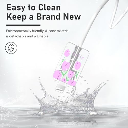Cute DIY Cable Protector for iPhone Adapter Charger with Purple Tulips Flowers Design, Soft TPU Clear Cord Wire Saver Data Line Cable Case Charger Protector for iPhone 11 12 13 14 15 Pro Max