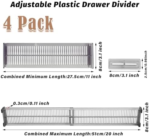 Pack of 4 Drawer Dividers, Adjustable Organiser Made of Crystal Clear Acrylic, Height 8 cm (27.5-51 cm Length), Includes Side Panels and Non-Slip Pads, for Kitchen, Bathroom, Office, Bedroom