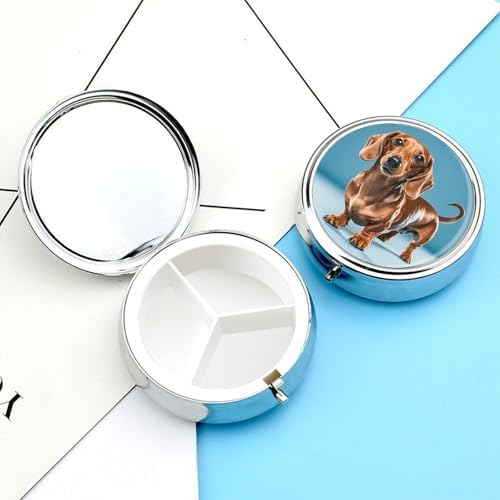 Dachshund Weiner Pet Dog Pill Box 3 Compartment Small Pill Case for Purse Or Pocket Mini Metal Pillcase Medicine Organizer, Round Daily Medicine Container to Hold Vitamins, Fish Oil