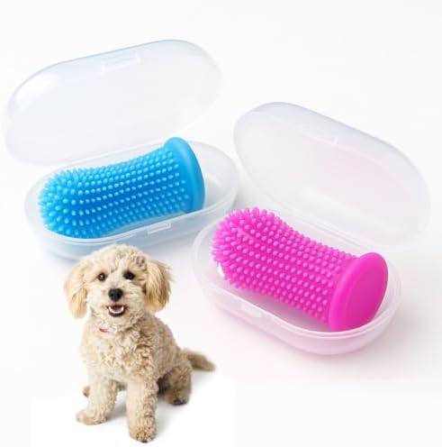 Dog Toothbrush Kit, 360° Silicone Finger Toothbrush for Dogs & Cats, Soft Bristle Pet Teeth Cleaning Set, Includes Storage Case, 2 Packs