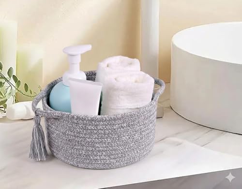 Small Gift Basket Empty to Fill, Gift Bag & Ribbon, Light Grey | Cute Decorative Mini Woven Rope Basket with Handles for Gifting; Reusable for Bathroom Counter or Desk Catchall, 8 x 4.7 in