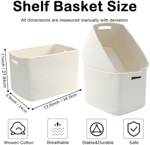 3 Pack Woven Baskets,Storage Baskets for Shelves with Handles | 13.5"×11"×9.5",Closet Baskets,Gift Basket,Nursery Organizer for Toys Towels Books,Storage Bin for Living Room Bedroom-White