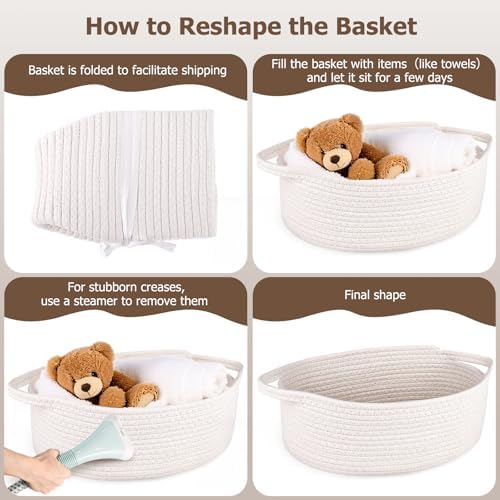 Small Woven Basket, 12" x 8" x 5", Gift Basket Empty with Ribbon and Gift Bag, Rope Basket for Baby Shower, Holiday Presents, Storage Basket with Handles for Nursery, Pet Toy Basket,White