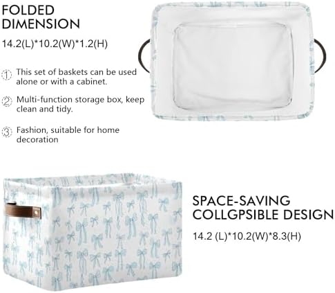 Wamika Bow Blue Storage Basket with Waterproof Liner and PU Handles Bowknot Cute White Storage Bins Boxes 14.2" Collapsible Decorative Organizer Baskets for Bedroom Closet Office 2 Pack